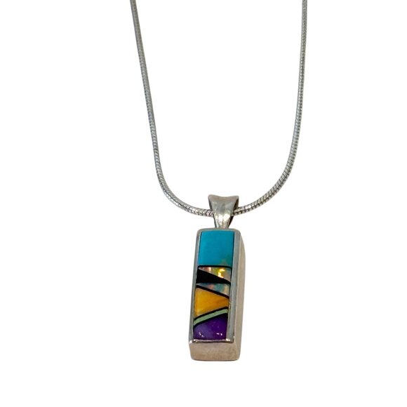 Sterling Silver Multi Gemstone Stone Pendant Necklace Rectangle 20" - Picture 6 of 6